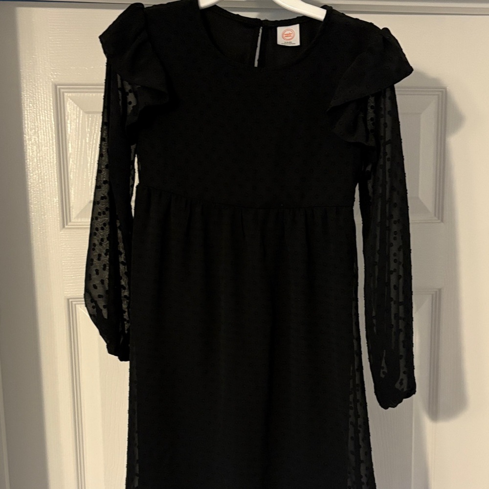 wonder nation Black Sheer Dot Ruffle Shoulder Dress